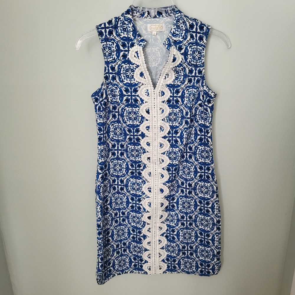 Mud Pie Small sleeveless crochet V-neck shift dress blue white "China...